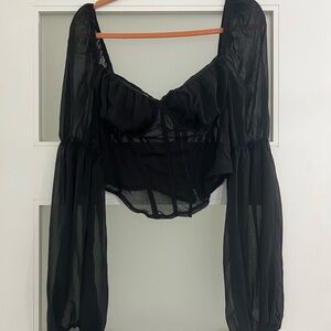 PRETTY LITTLE THING BLACK SHEER LONG SLEEVE BLOUSE 12 LARGE CORSET HOT FASHION